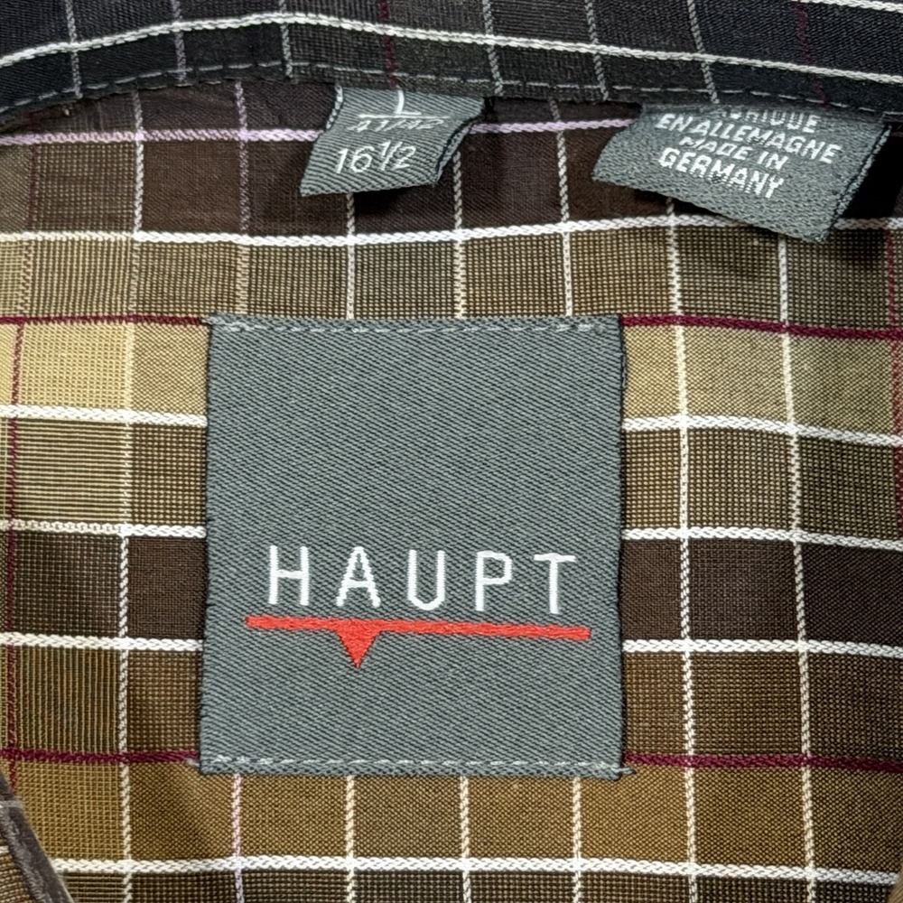 Vtg Haupt Shirt Germany Men Large Brown Check Button Down 16.5 - Picture 3 of 12